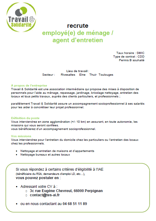 Tes ai offre emploi employe menage et entretien locaux